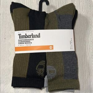Timberland L 9-12 Silver Gray Green Black Performance Cushioned Crew Socks 6 pk